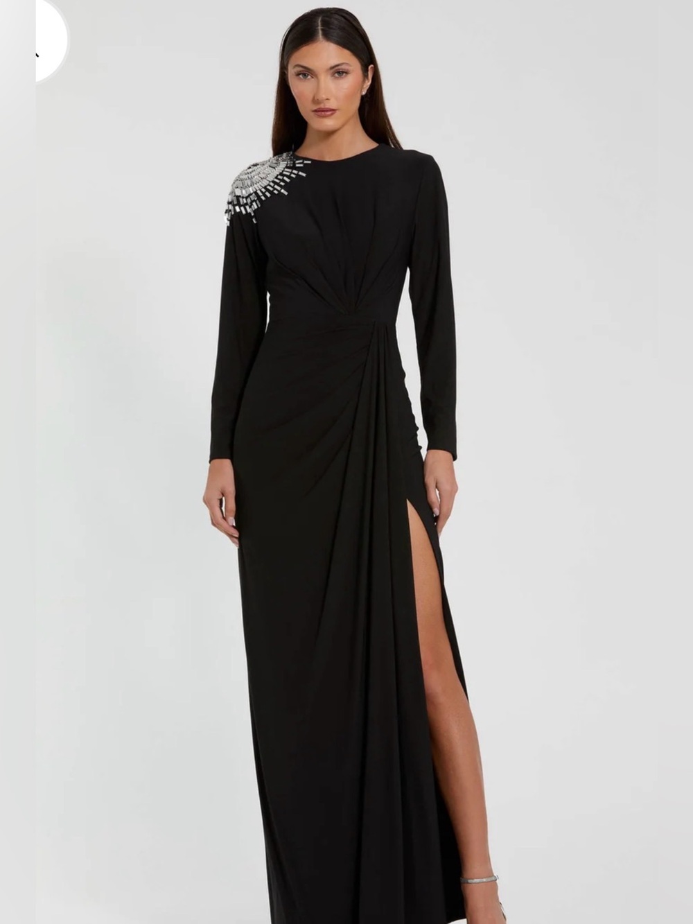 Black Long-Sleeve Evening Gown with Embellished Shoulder
